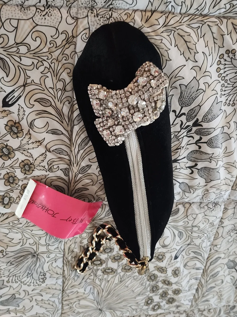 Betsey Johnson Black Velvet Bow with Crystal & Chain Detail Wristlet